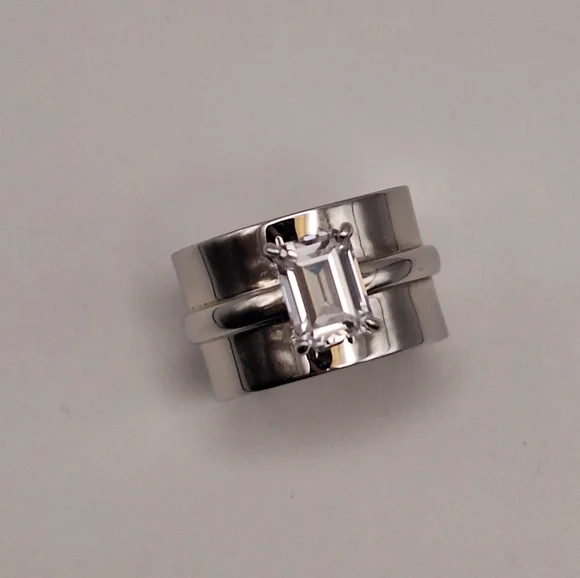 Diamonique x Lisa Freede Emerald-Cut Adjustable Cigar Band Ring–Silver Tone Sz 7 - Picture 10 of 12